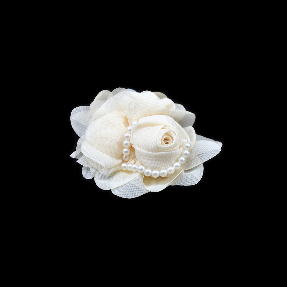 Аппликация декор Роза шифон бежевый, оборка-жемчуг. Аппликация Декор