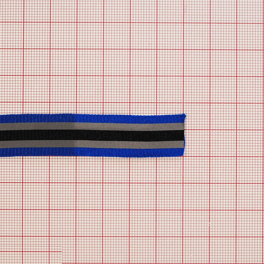 Тесьма светоотражающая на ткани Полосы 1,6см, синий, черный, серебро, 50ярд. Тесьма