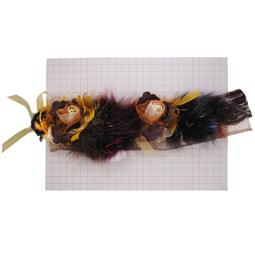 Воротник коричневый, мех меланж, коричневая шифоновая роза, золотой бант, шт. Отделка Тесьма резаная