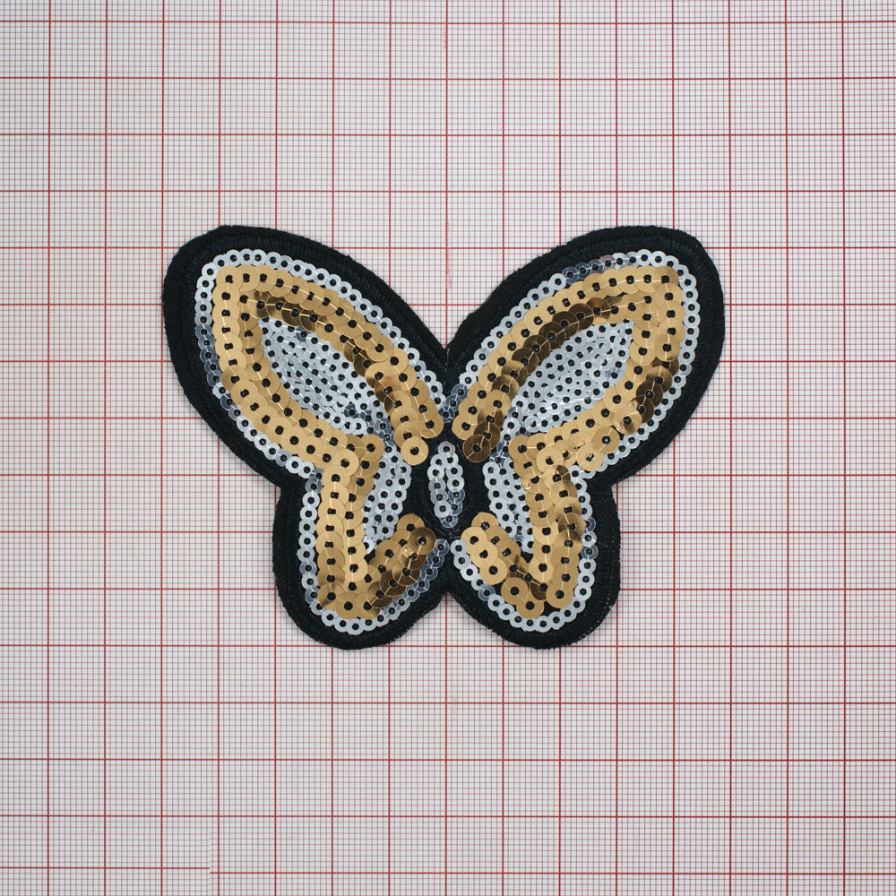 Аппликация клеевая пайетки Бабочка без усиков 10*8см золотые и серые пайетки, шт. Аппликации клеевые Пайетки