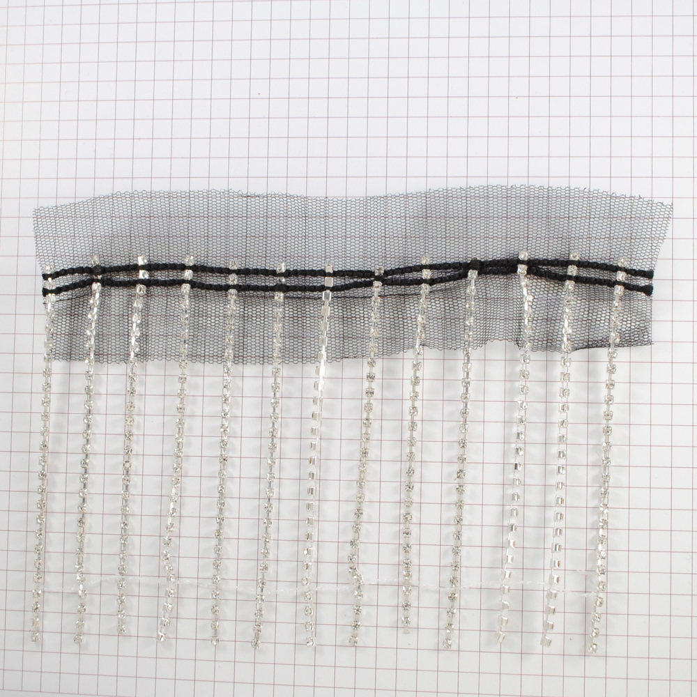 Бахрома из страз на сетке, черная основа, никель, бел.камни, 10см, ярд. Тесьма из страз