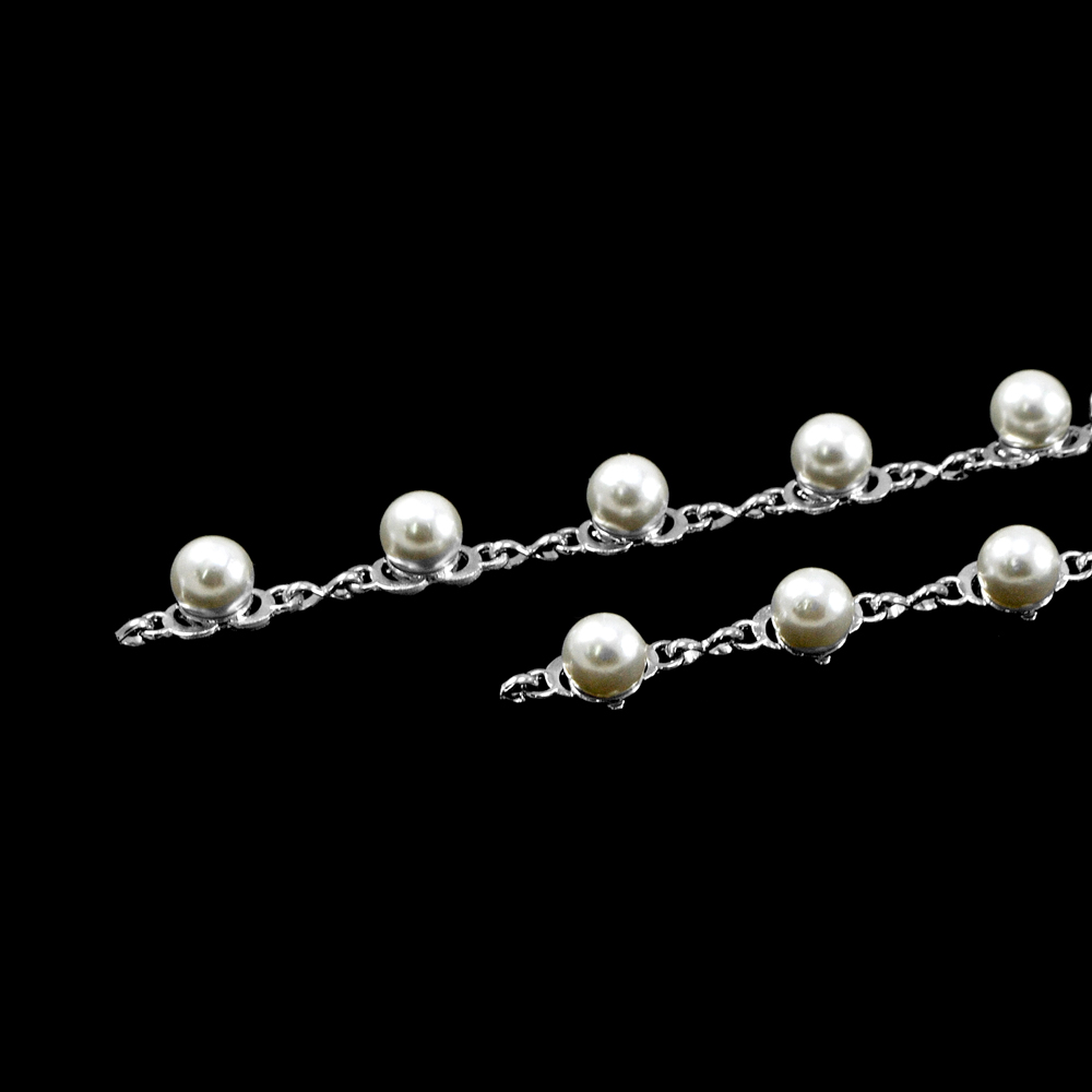 Тесьма металлическая Цепочка с жемчугом, 1,1см, никель, жемчуг, ярд. Тесьма из страз