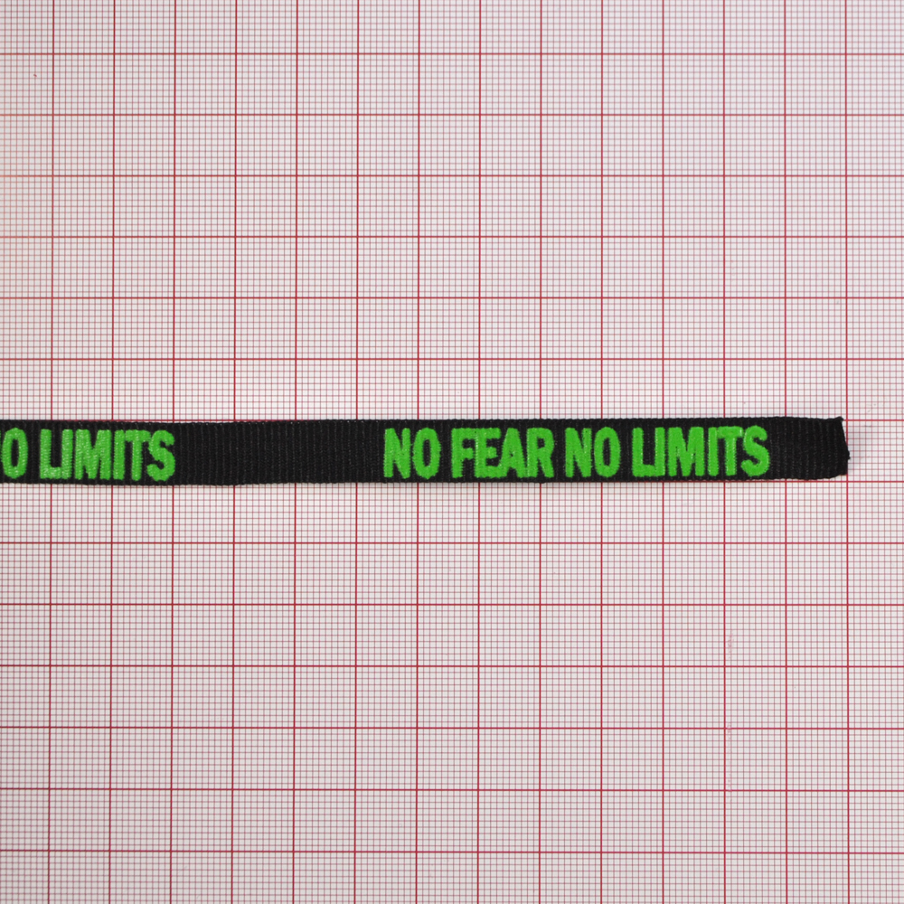 Тесьма репсовая светоотр. No Fear No Limits 10 мм, черный и салатовый, ярд . Тесьма