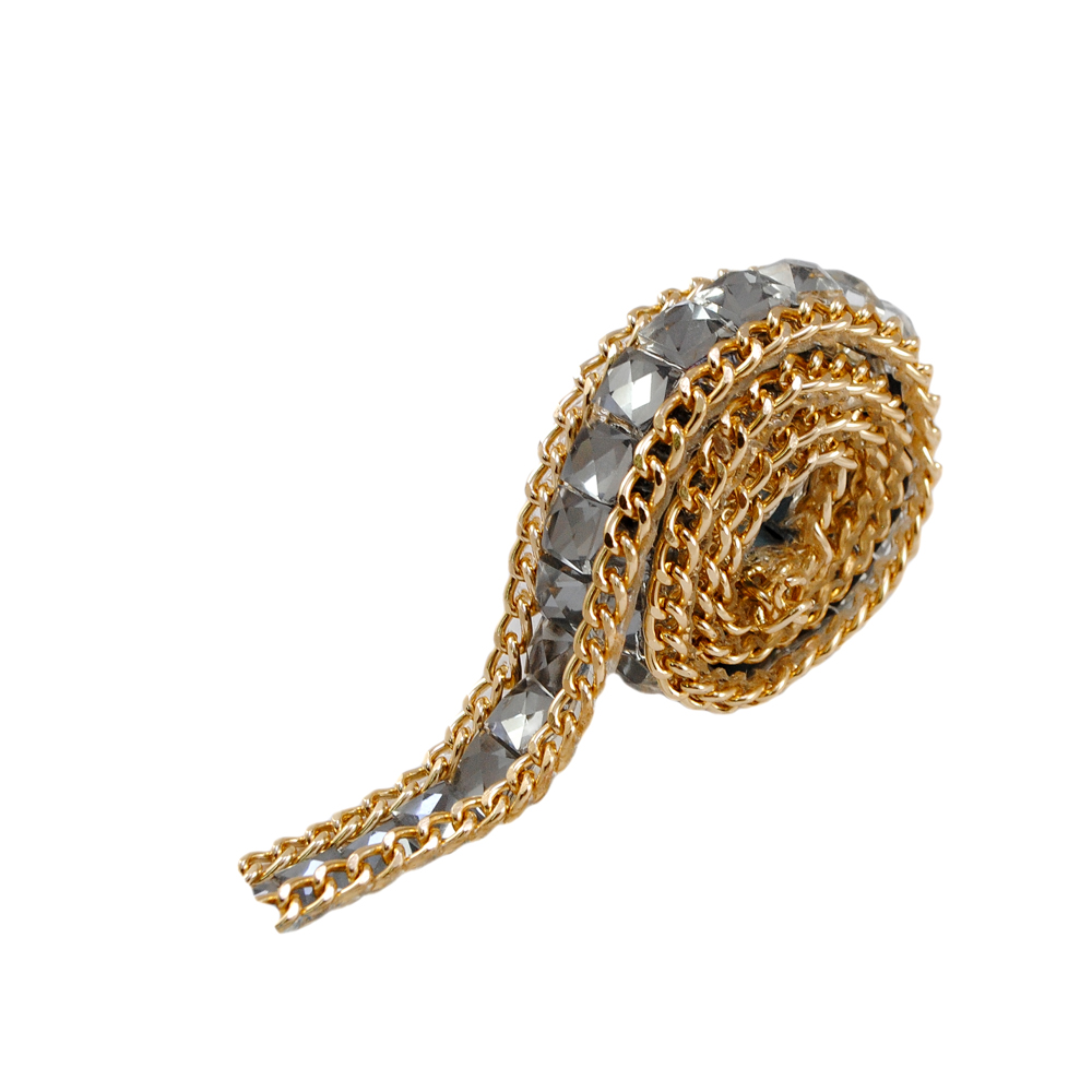 Тесьма стразы клеевые, серые прозрачные квадратные камни 6мм, цепи GOLD, ярд. Тесьма из страз