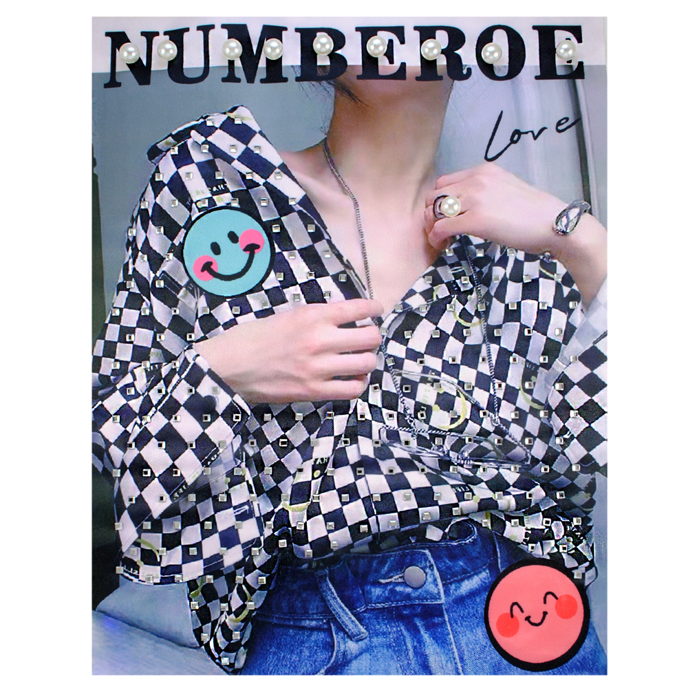 Аппликация тк. приш. с бус. и стр. Numberoe шахматная рубашка, 26*20см, черн., роз., бел., сер. шт. Аппликации Пришивные Постер