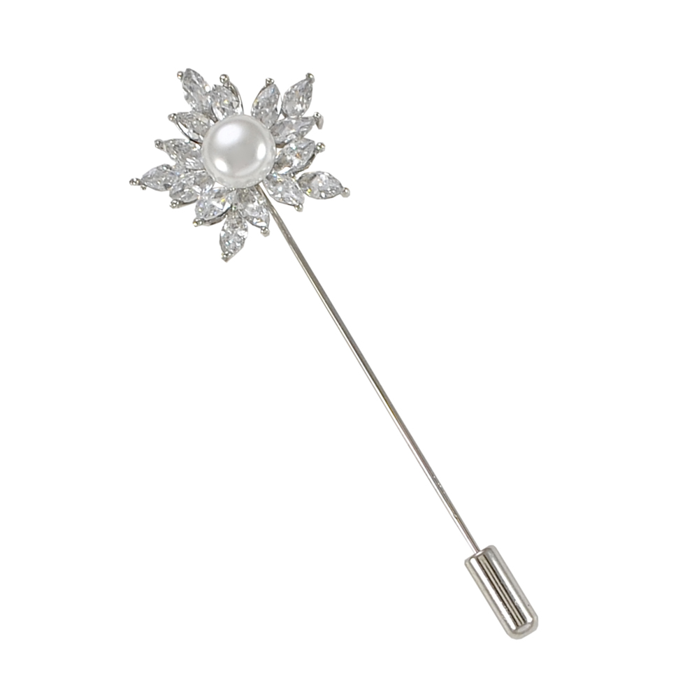 Булавка Цветок NIKEL, белый жемчуг, белые камни, шт . Булавки