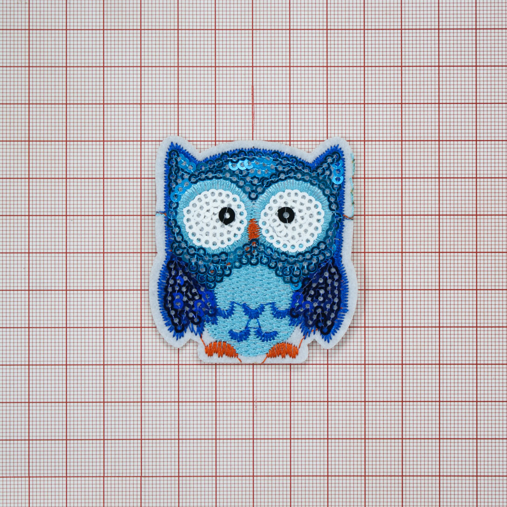 Аппликация клеевая пайетки Сова 5,5*6см белый, голубой, оранжевый, синий и черный, шт. Аппликации клеевые Пайетки
