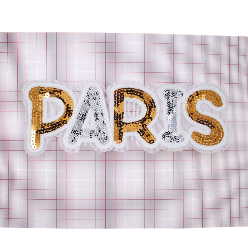 Аппликация тканевая пришивная фигурная, пайетки, PARIS 21,5*7см, белый, серебро, золото, шт. Аппликации Пришивные Пайетки