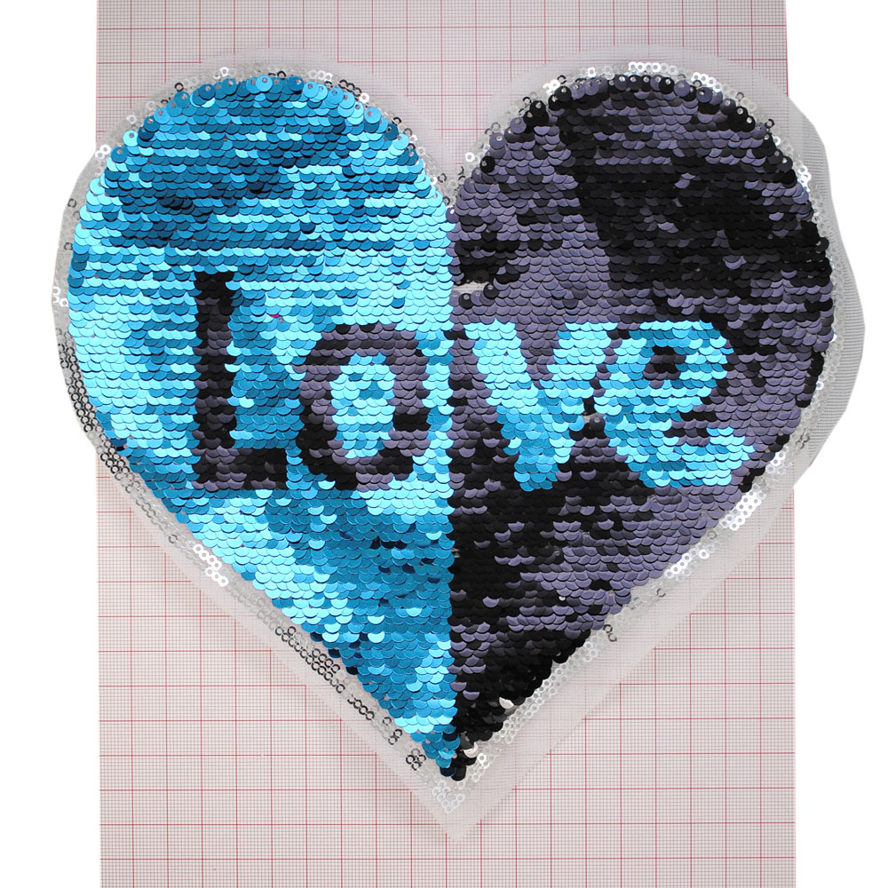 Аппликация пришивная пайетки двусторонние LOVE в сердце 22*20,5см, голубой, черный, шт. Аппликации Пришивные Пайетки