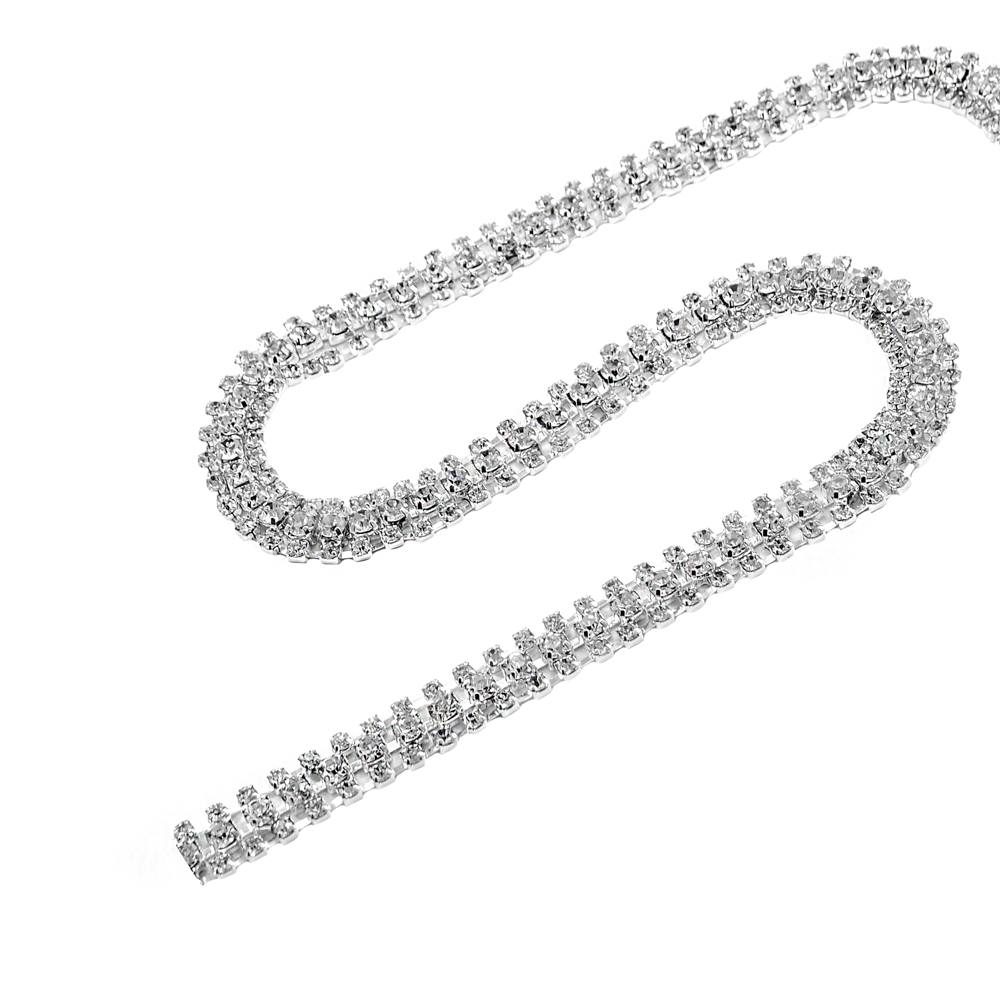 Тесьма стразы в 3 ряда 0,8см, камни белые, никель, ярд. Тесьма из страз