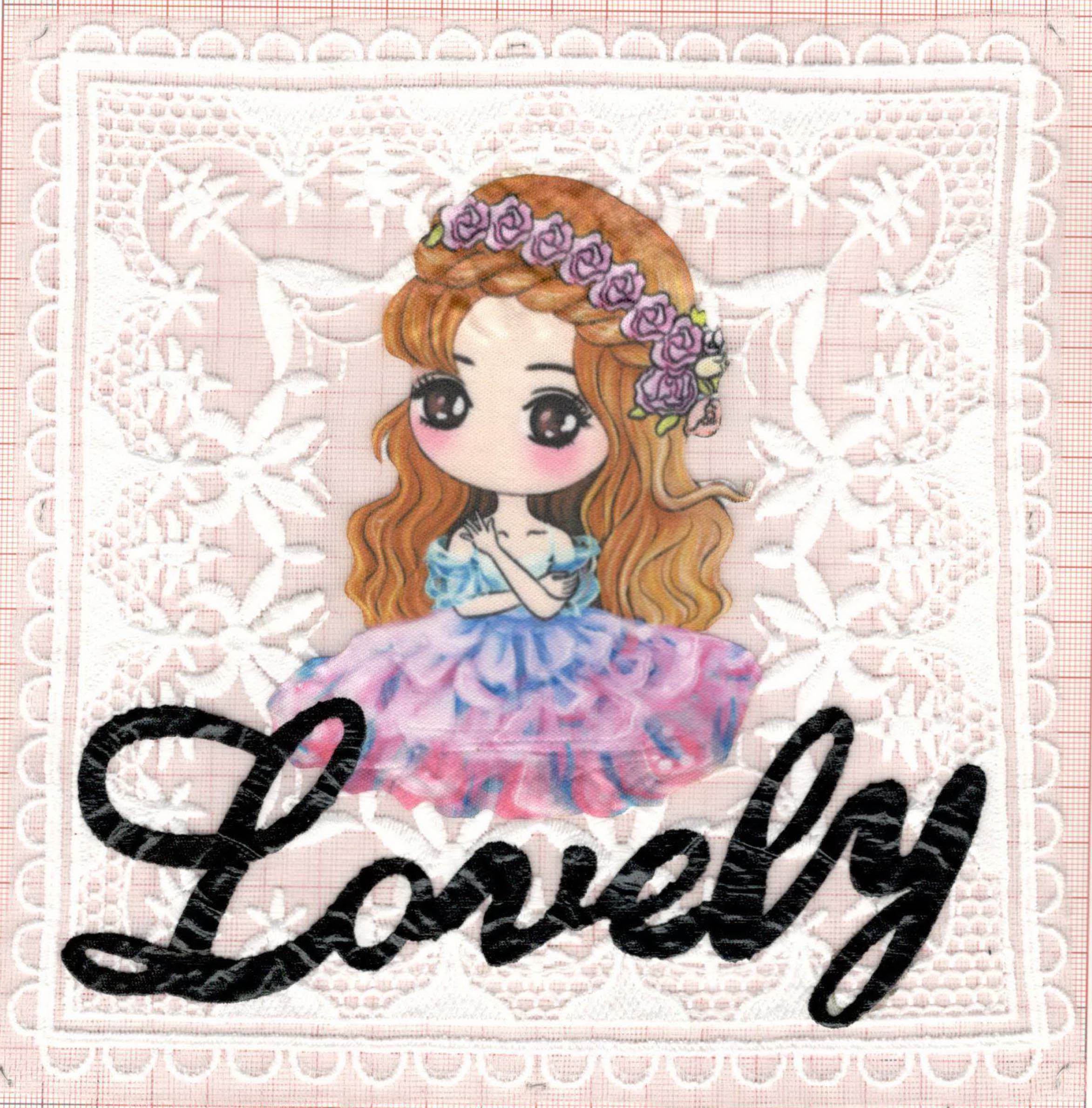 Аппликация пришивная Кружево Lovely девочка 20*19см кружевная, белая, цветной рисунок, черный лак, шт. Аппликации Пришивные Постер