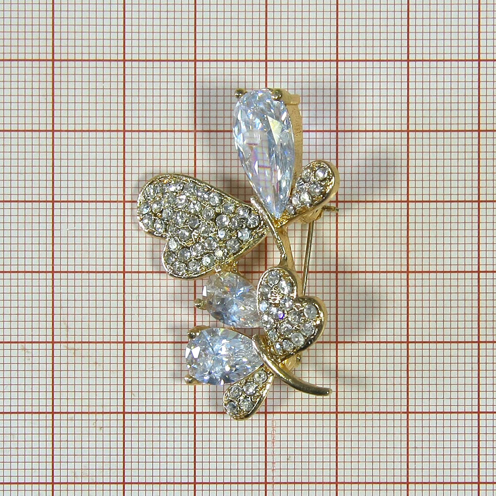 Брошь 44 Веточка 3 капли 32*45мм, GOLD, белые камни, шт. Броши