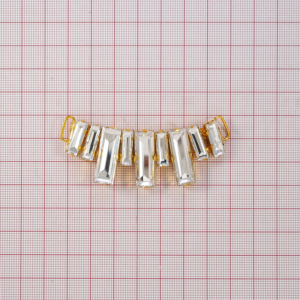 Укр.стекл.  9894 перетяж. 7,2*2,5см GOLD, дуга-9 прямоугольных камней белый хамелеон. Перетяжка металл со стразами