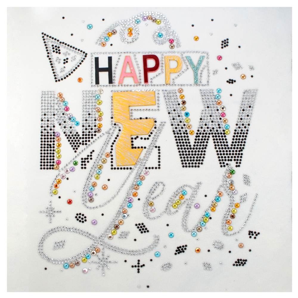 Термоаппл. из страз Happy New Year, 17*21см, серебро., цветн, шт. Аппликации клеевые Стразы комб.