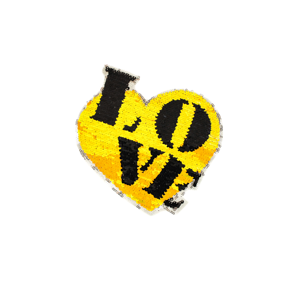 Аппликация пришивная пайетки двусторонние LOVE в сердце 20.5*19см, желтый, черный, шт. Аппликации Пришивные Пайетки