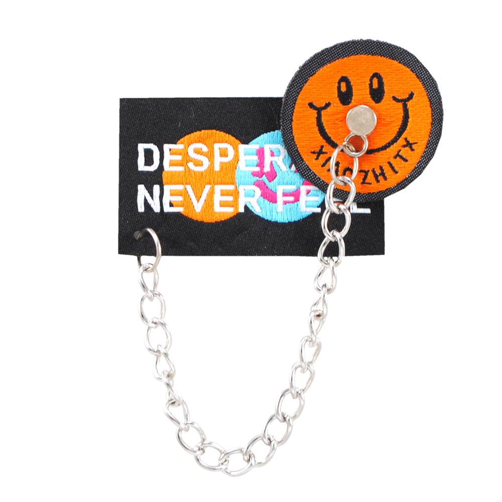 Лейба ткань Desperate never feel, 5*4см, чёрн., фон, оранж., голубой, смайл, цепь никель, шт. Лейба Ткань