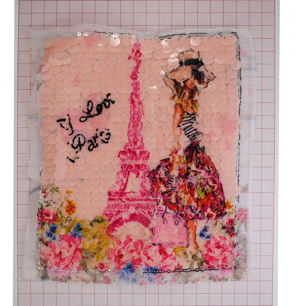 Аппликация пришивная пайетки I love Paris девочка с башней 20*16см цветной, шт. Аппликации Пришивные Пайетки