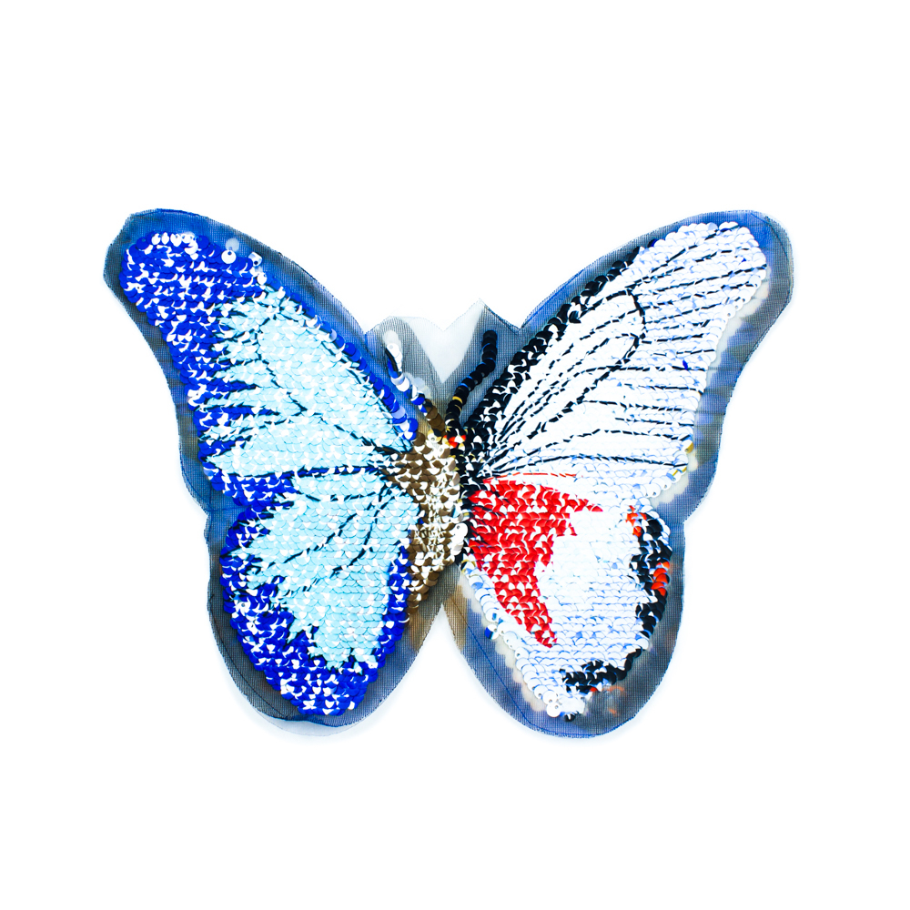Аппликация пришивная пайетки двусторонняя Бабочка Иридий 26*19,5см светло-голубой, красный, сине-бирюзовые пайетки, шт. Аппликации Пришивные Пайетки