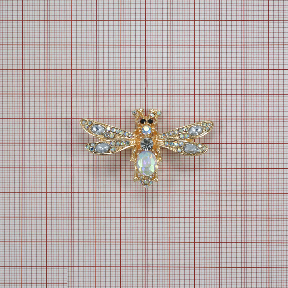 Краб металл Стрекоза 3,5*5,5см, золото, белые, хамелеон камни, шт. Крабы Металл Цветы, Жуки