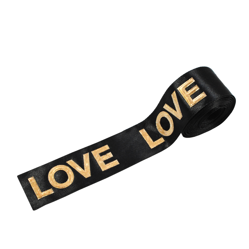 Тесьма с прорезиненным лого LOVE, 3см, черный, золотой, ярд. Тесьма