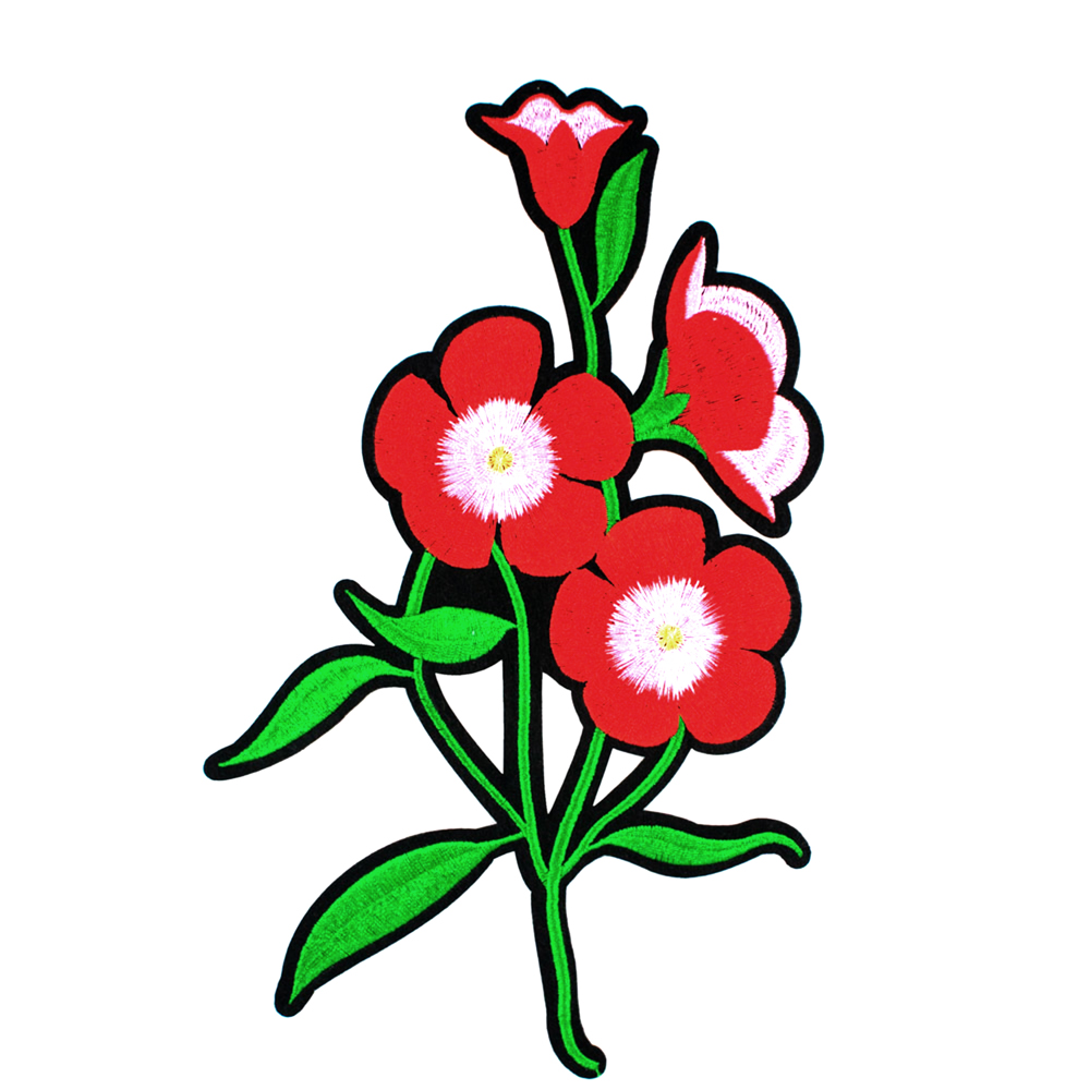 Аппликация клеевая вышитая 4 цветка на стебле 25*17,5см, красно-зеленая. Аппликации клеевые Вышивка