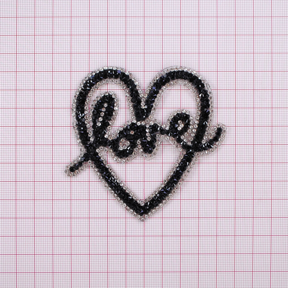 Аппликация клеевая стразы, Сердце love, 8.5*8.5см, черный, белый, шт. Аппликации клеевые Стразы комб.