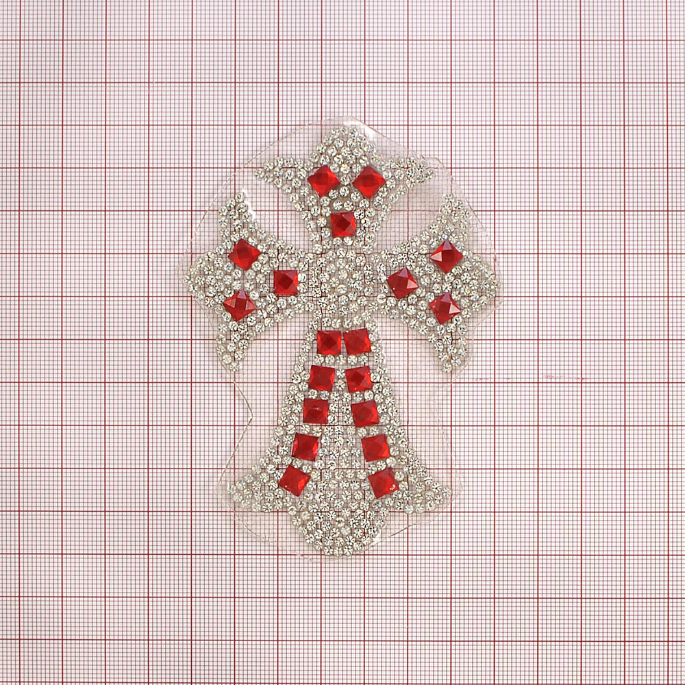 Аппликация клеевая стразы Крест 74*100мм красный квадрат 6мм, белый 2мм, шт. Аппликации клеевые Стразы комб.