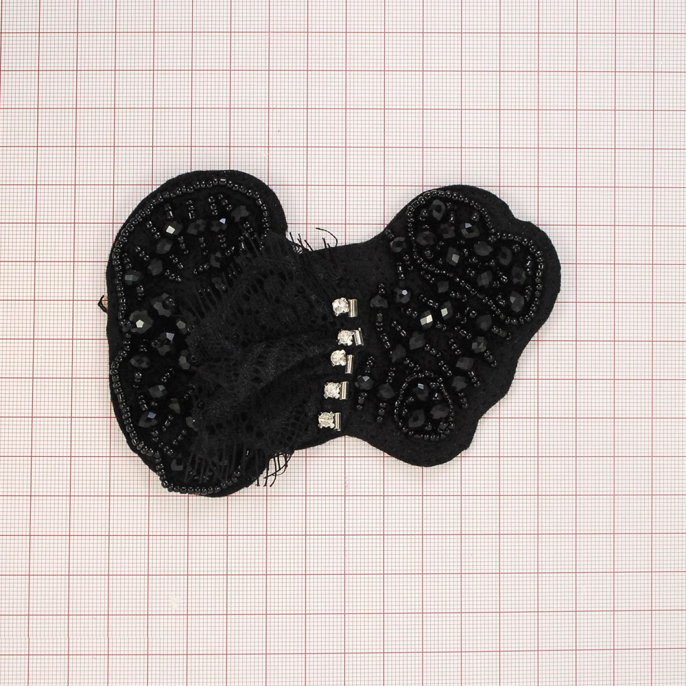 Аппликация декор №175 черн, флиз. бабочка черн. бисер, бусины, 5 камней. Аппликация Декор