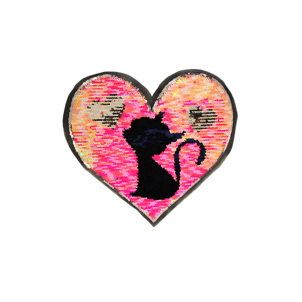 Аппликация пришивная пайетки двусторонние Кот в сердце 25*27см, розовый, синий, серебро, шт. Аппликации Пришивные Пайетки