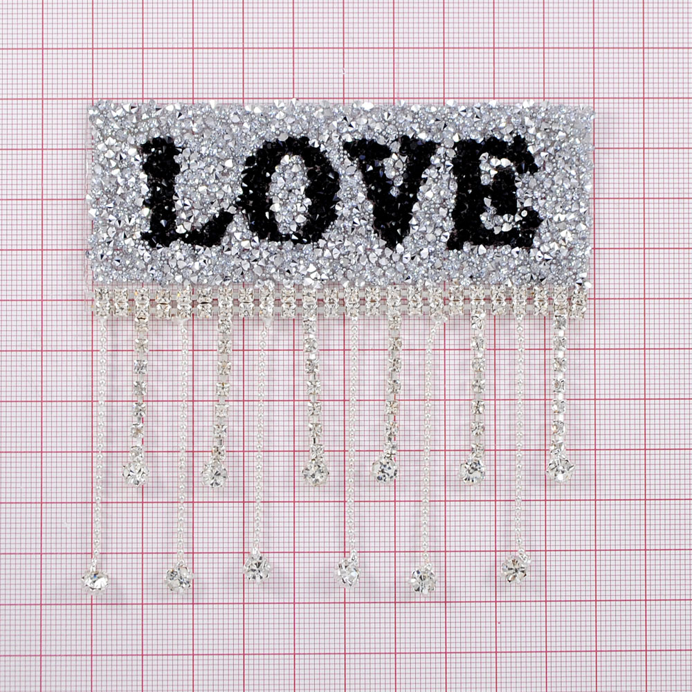 Аппликация клеевая, стразы гречка и бахрома, LOVE, 10*9см, белый, черный, никель, шт. Аппликации клеевые Стразы комб.