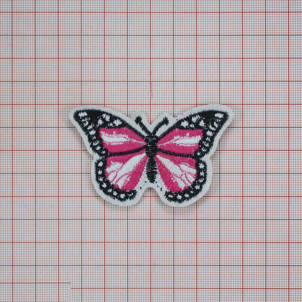 Нашивка тканевая Бабочка розовые крылья 7*4,5см розовый, белый, черный, шт. Нашивка Вышивка