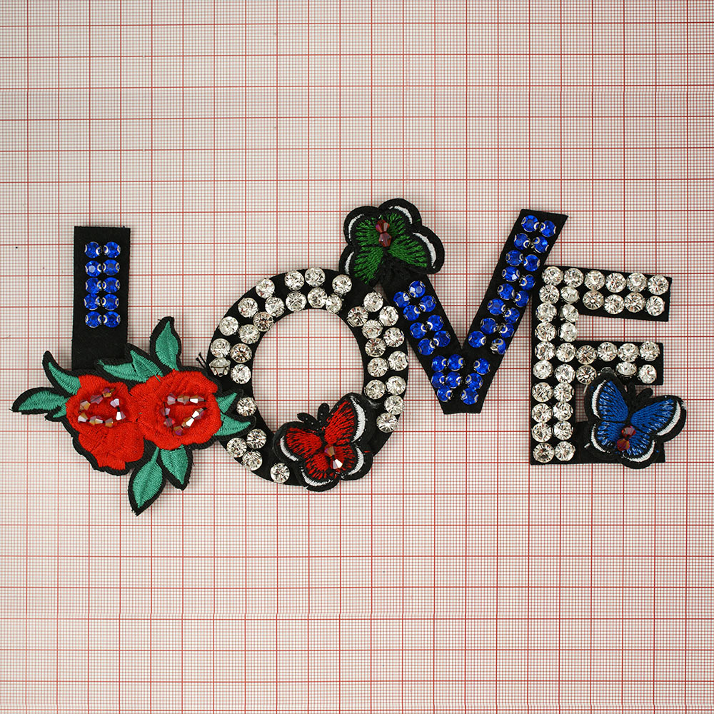 Аппликация пришивная стразы Love, 20*9см, белые и синие стразы, 2 розы, 2 бабочки. Аппликации Пришивные Стразы, Бисер, Металл