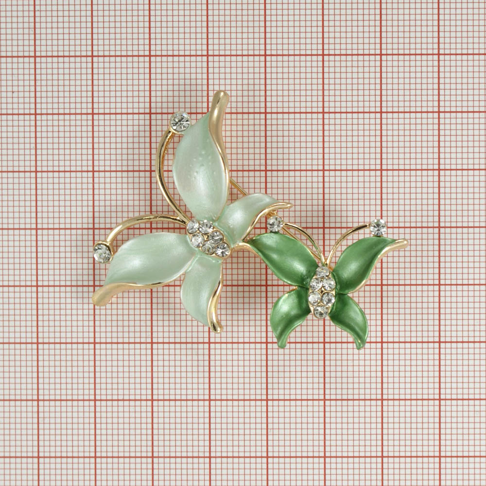 Брошь Бабочки-лепесток GOLD, зеленая и светло-зеленая эмали, белые камни, шт . Броши