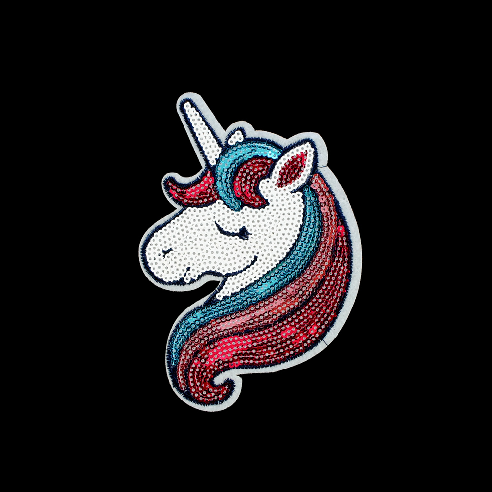 Аппликация клеевая пайетки Единорог голова 13*9см, черный, белый, голубой, розовый, шт. Аппликации клеевые Пайетки