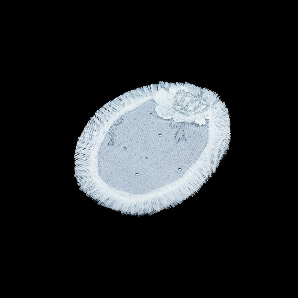 Аппликация кружевная пришивная Овал с серебряной короной 12,5*9,5см белый, серый овал, серебряная корона, шт. Аппликации Пришивные Кружевные Вязаные