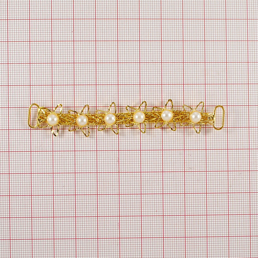 Укр.стекл.  9887 перетяж. 8,3*1,2см GOLD, 6 металл.звезд, камни-жемчуг, на цепи. Перетяжка металл со стразами