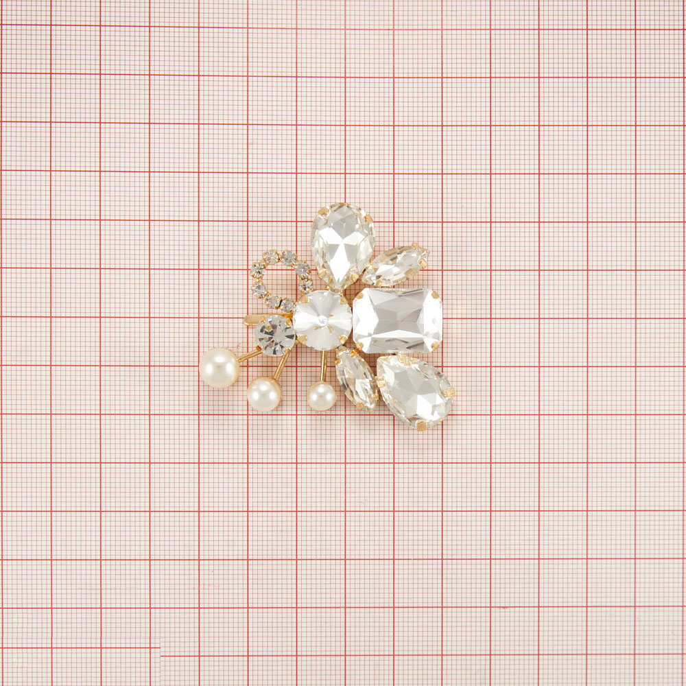 Краб металл Волынка Правая 5*6см GOLD, белые камни, белый жемчуг. Крабы Металл Геометрия Декор