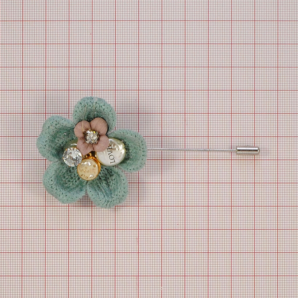 Булавка Вязаный цветок 5 GOLD, зеленый, белые камни, шт . Булавки