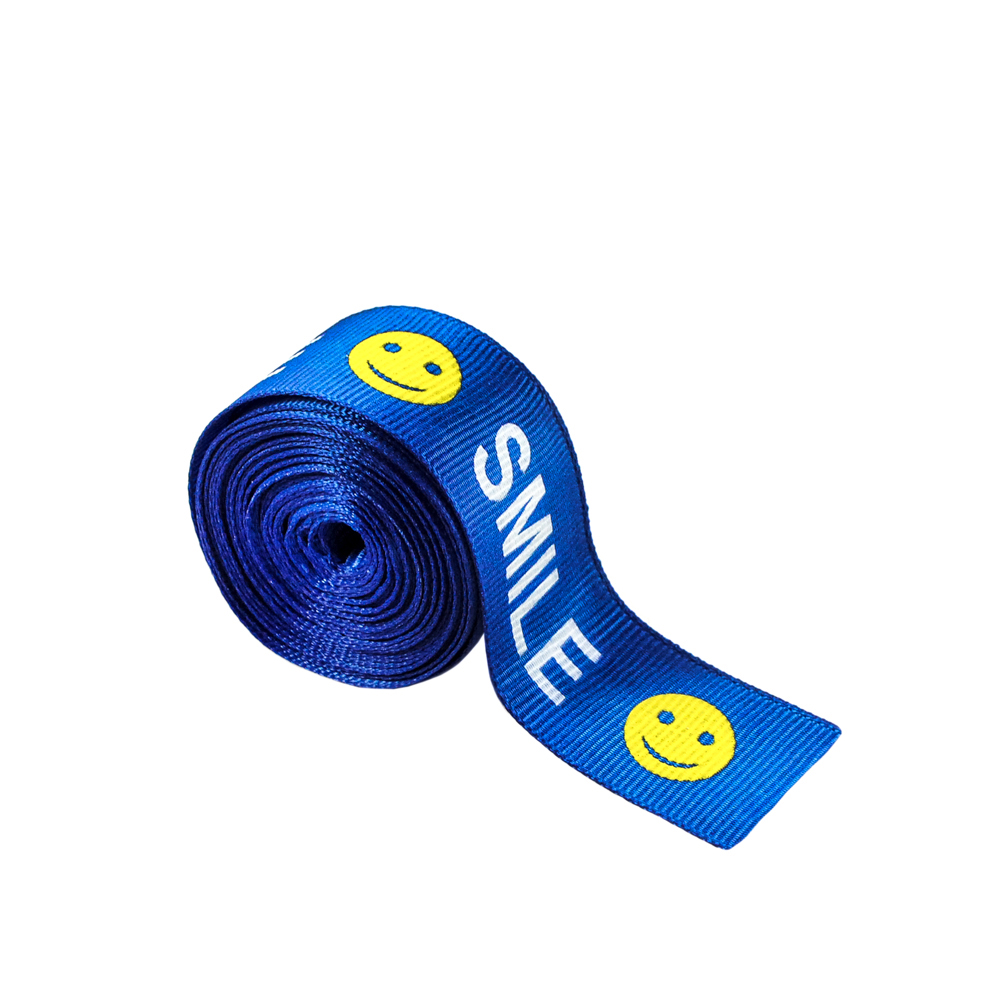 Тесьма SMILE 2,5см, сине-белая и желтый лого, ярд. Тесьма