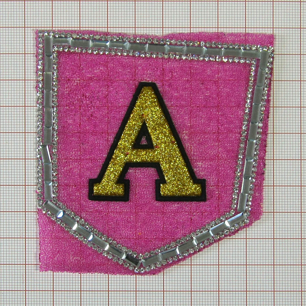 Аппликация клеевая стразы карман A розовый бисер, светлое золото глиттер, черный замш, белые камни, 9*9см, шт. Аппликации клеевые Стразы комб.