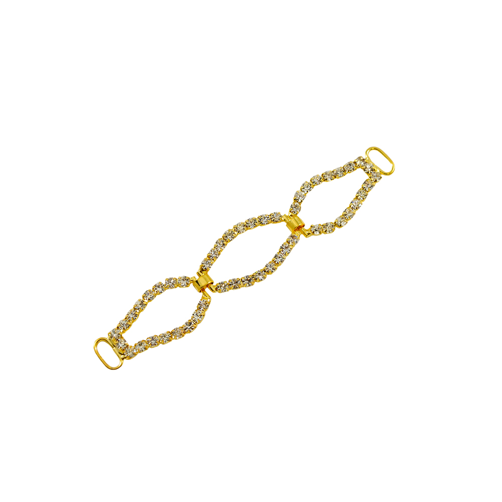 Укр.стекл.  9890 перетяж. 9,6*1,8см GOLD, Браслет-3 овал. кольца белые камни. Перетяжка металл со стразами