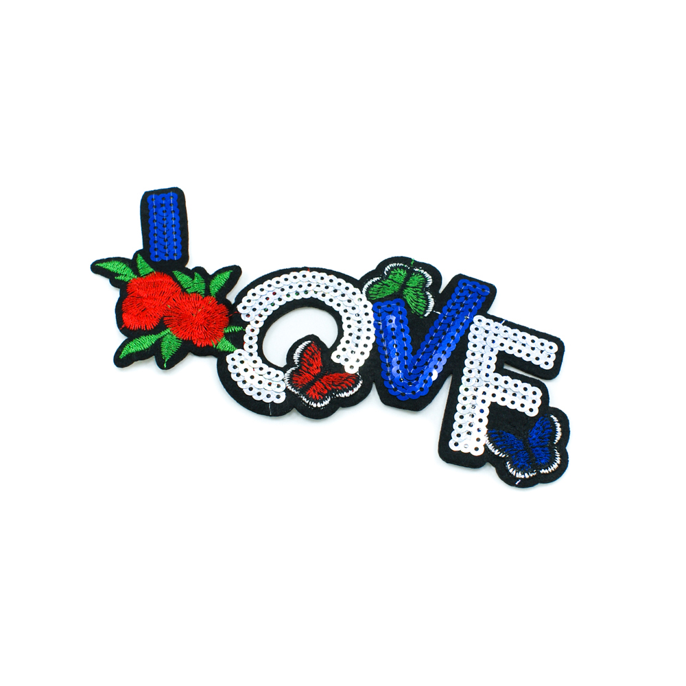 Аппликация клеевая пайетки LOVE 20*9см светло-зеленые, красные, белые, синие нити, синие и серебряные пайетки. Аппликации клеевые Пайетки