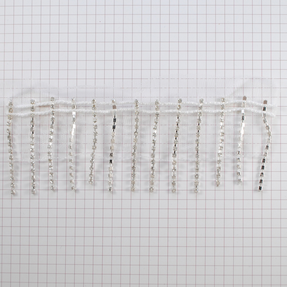 Бахрома из страз на сетке, белая основа, никель, бел.камни, 5см, ярд. Тесьма из страз