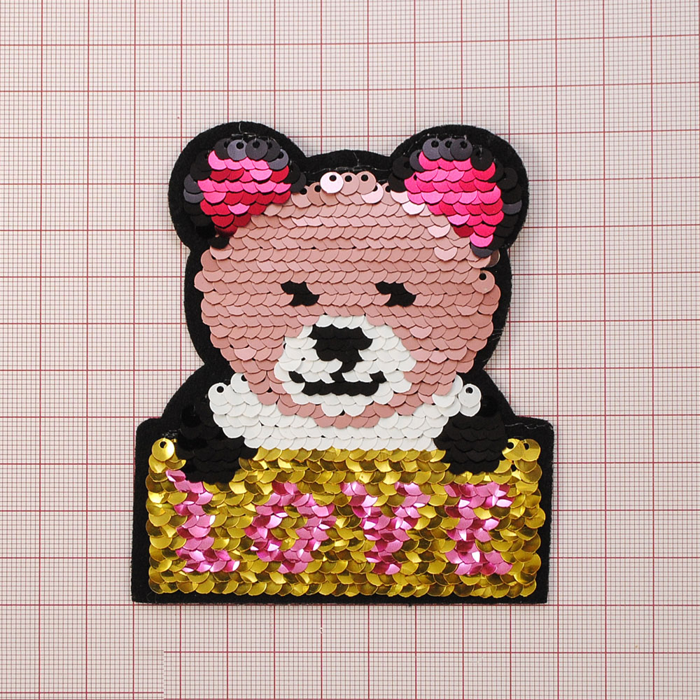 Аппликация клеевая пайетки двусторонняя Мишка LOVE 10,5*9см, черный, белый, желтый, красный, пудра, розовый, шт. Аппликации клеевые Пайетки