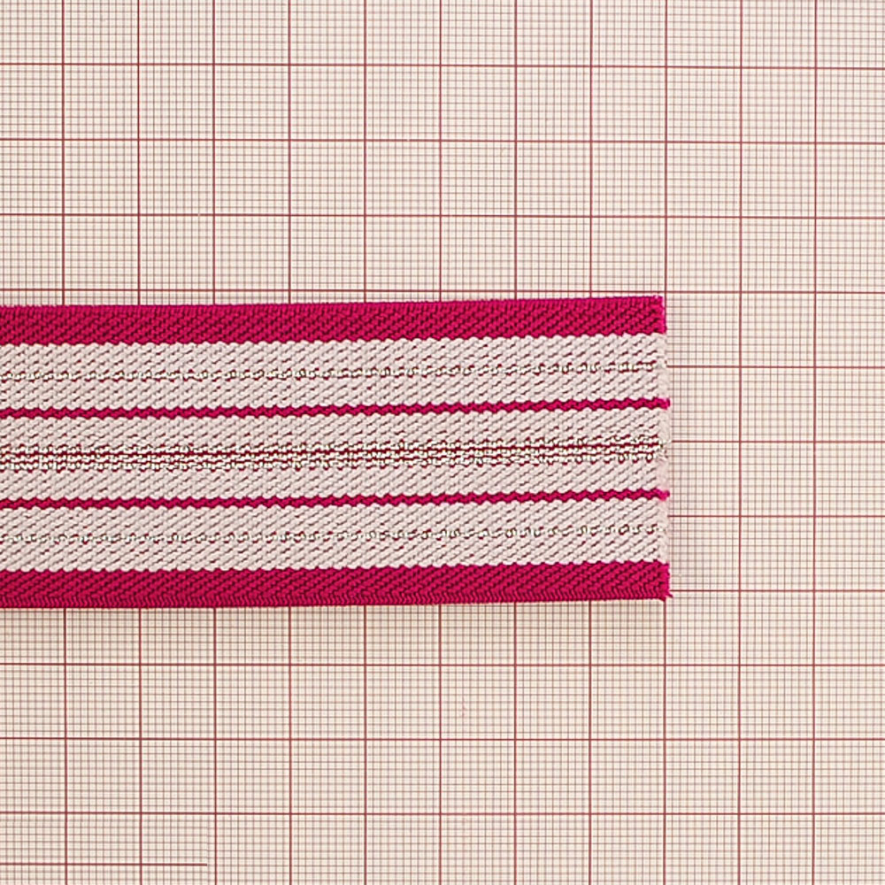 Резинка люрекс Полосы 4см, малиновый, белый, серебряный люрекс, 50ярд. Резинка