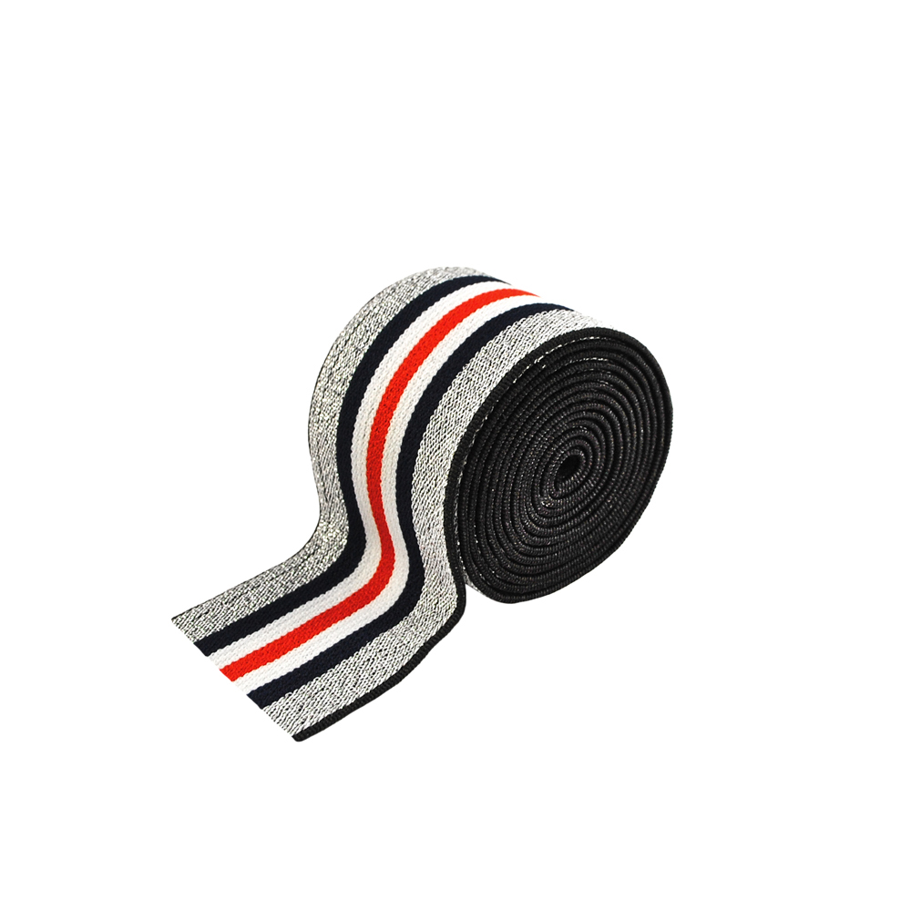 Резинка люрекс Полосы 4см, темно-синий, белый, красный и серебряный люрекс, 50ярд. Резинка