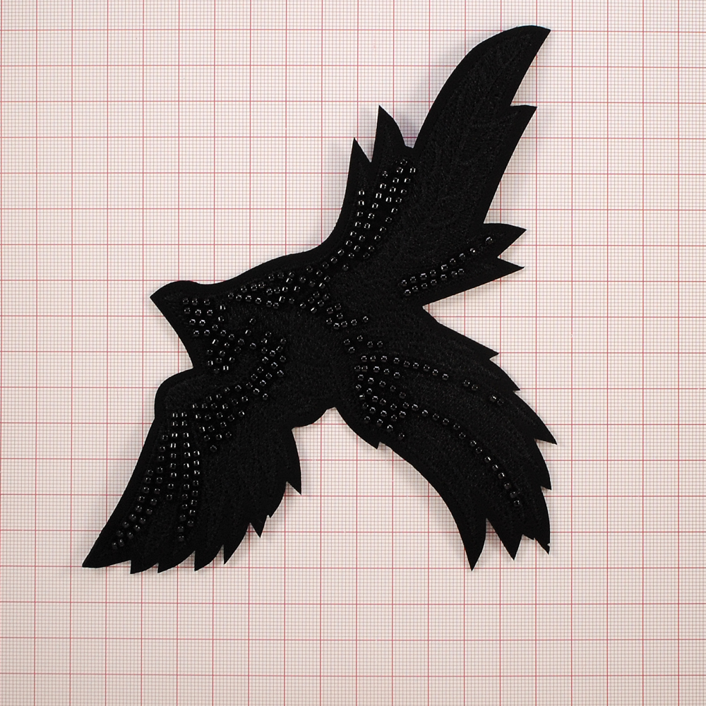 Нашивка тканевая бисер пришивная Ворон 13,5*20см черная вышивка, черный бисер, шт. Нашивка Стразы, Бисер