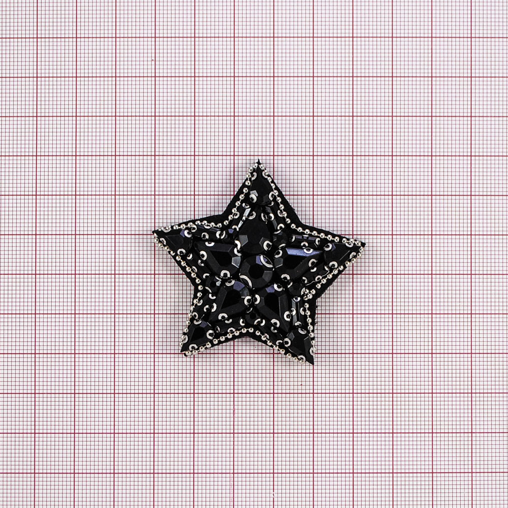 Аппликация пришивная стразы Звезда Орхидеи 50*50 мм черные в металле камни, черные стразы, шт. Аппликации Пришивные Стразы, Бисер, Металл