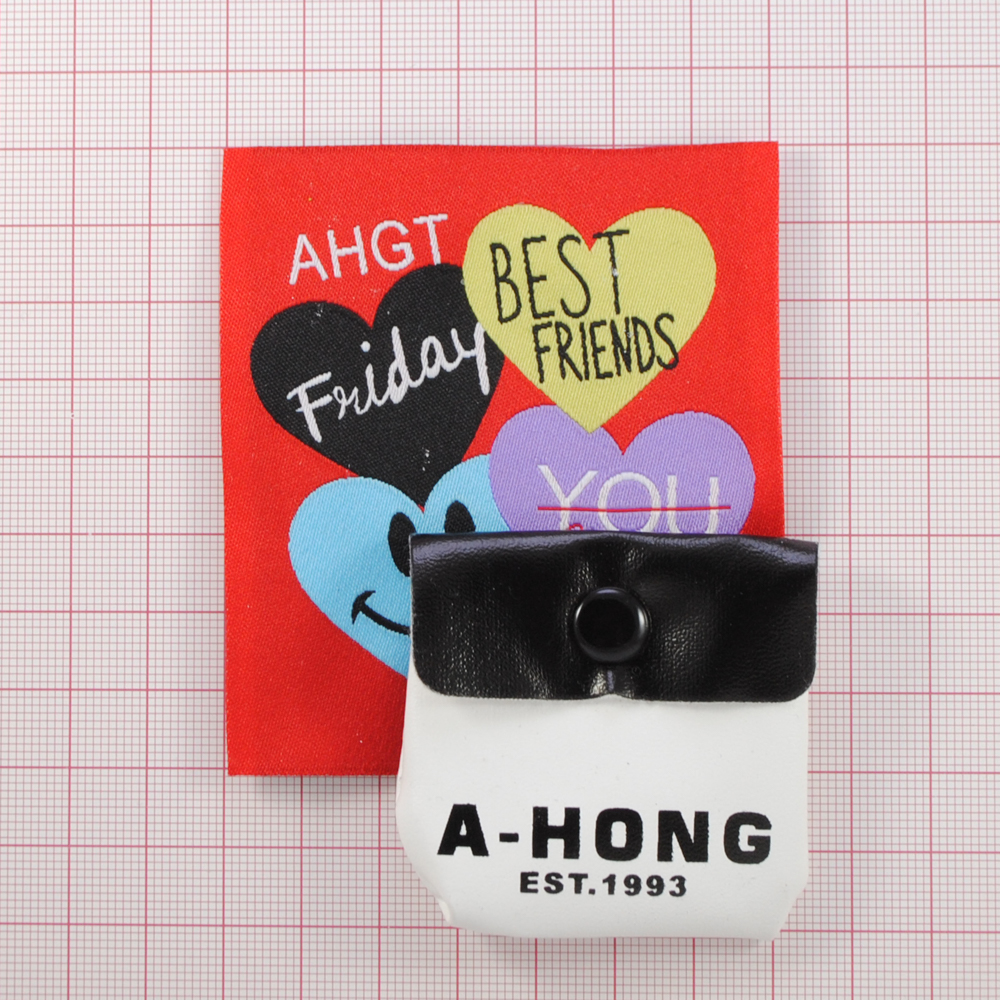 Лейба ткань и карман к/з, сердечки A-HONG 7*10см, бел., кр., черн., гол., сирен., шт. Лейба Ткань