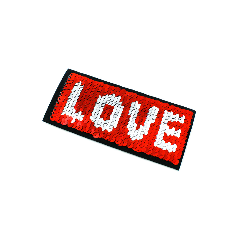 Аппликация пришивная пайетки двусторонняя LOVE прямоугольник, красные и серебро, 11,5*5см, шт. Аппликации Пришивные Пайетки
